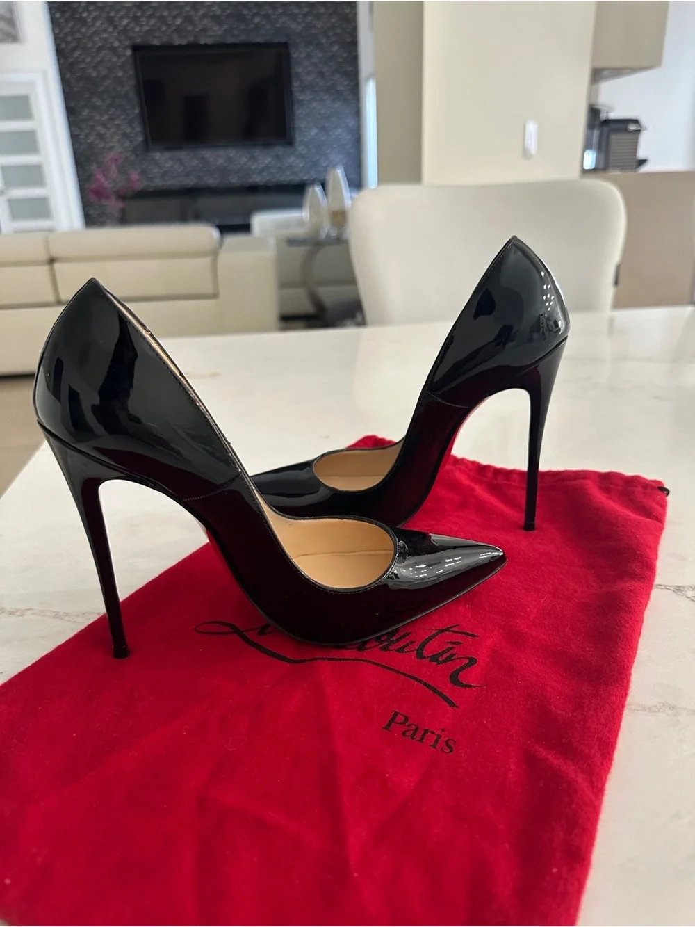 Christian Louboutin So Kate Black Patent Leather Pointed Toe Stiletto Pumps